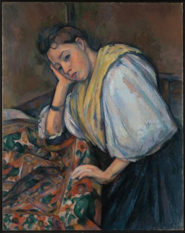 Reprodukcja Young Italian Woman at a Table, Paul Cezanne - Aranżacja w pokoju. Ściany w ciepłych odcieniach, meble w stylu