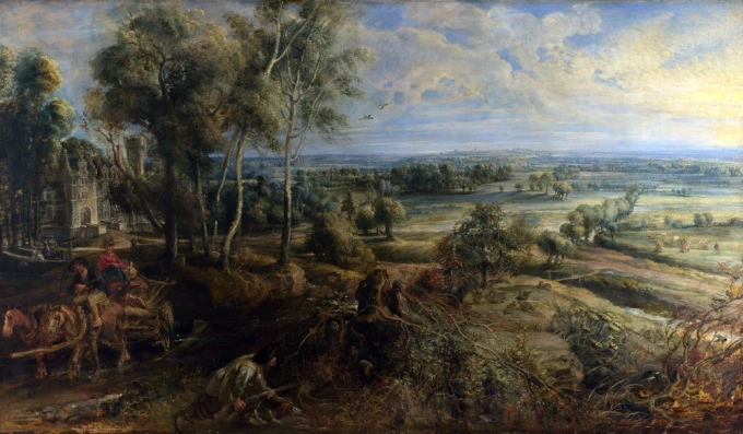 Reprodukcja A View of Het Steen in the Early Morning, Peter Paul Rubens - Wzór graficzny. Obraz przedstawia krajobraz