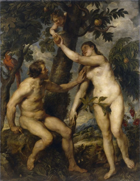 Reprodukcja Adam and Eve, Peter Paul Rubens - Wzór graficzny. Postacie Adama i Ewy w ogrodzie, drzewo z owocami, kolorowe