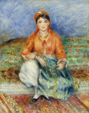 Reprodukcja Algerian Girl, Renoir Auguste - Wzór graficzny. Kobieta w kolorowym stroju siedzi na tle wzorzystego dywanu