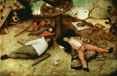 Reprodukcja Das Schlaraffenland, Pieter Bruegel - Wzór graficzny. Scena przedstawia postacie leżące na ziemi, otoczone