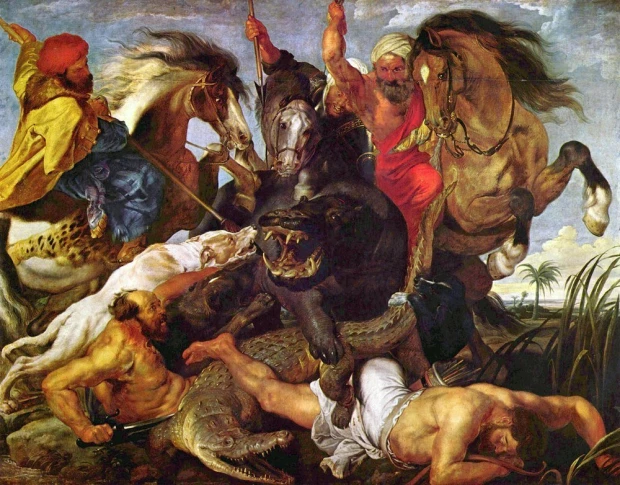 Reprodukcja Hippopotamus and Crocodile Hunt, Peter Paul Rubens - Wzór graficzny. Scena przedstawia ludzi walczących