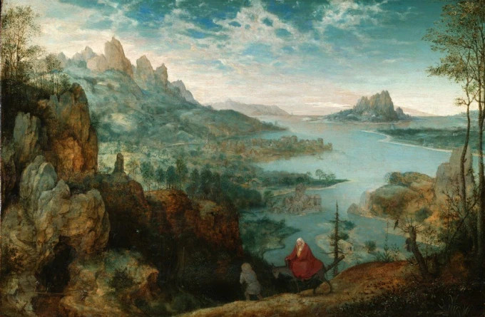 Reprodukcja Landscape with the flight into Egypt, Pieter Bruegel - Wzór graficzny. Obraz przedstawia krajobraz z górami