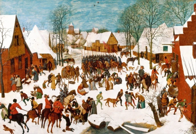 Reprodukcja Massacre of the Innocents, Pieter Bruegel - Wzór graficzny. Scena przedstawia zimowy krajobraz z ludźmi, końmi
