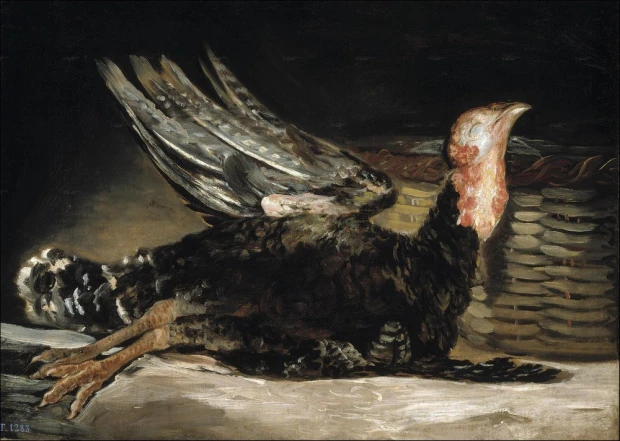 Reprodukcja obrazu Pavo muerto Francisco de Goi przedstawiająca martwego indyka na ciemnym tle, jako sam wzór
