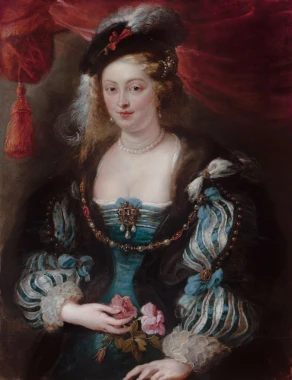 Reprodukcja Portrait of a young woman, Peter Paul Rubens - Wzór graficzny. Kobieta w eleganckiej sukni trzyma kwiaty, tło