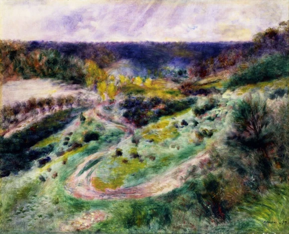 Reprodukcja Road at Wargemont, Renoir Auguste - Wzór graficzny. Obraz przedstawia krajobraz z krętymi drogami i zielonymi