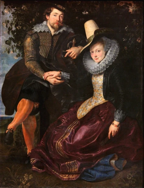 Reprodukcja Self portrait with Isabella Brandt, Peter Paul Rubens - Aranżacja w salonie. Ściany w ciemnym kolorze, klasyczne