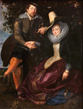 Reprodukcja Self portrait with Isabella Brandt, Peter Paul Rubens - Aranżacja w salonie. Ściany w ciemnym kolorze, klasyczne