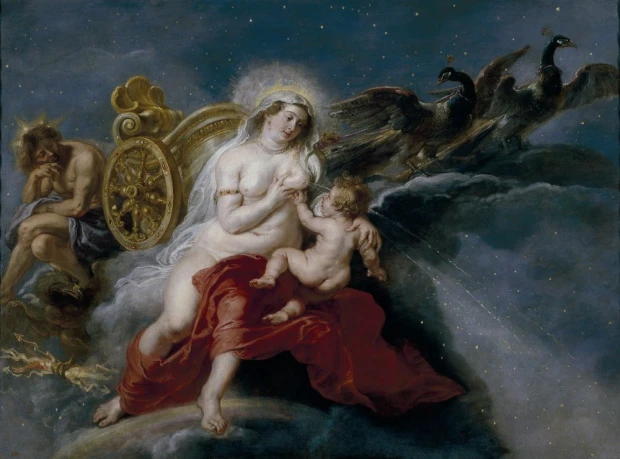 Reprodukcja obrazu Petera Paula Rubensa The Birth of the Milky Way przedstawiająca mitologiczną scenę na niebie