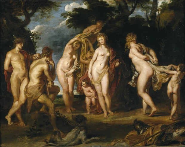 Reprodukcja obrazu Petera Paula Rubensa The Judgement of Paris przedstawiająca mitologiczną scenę sądu Parysa