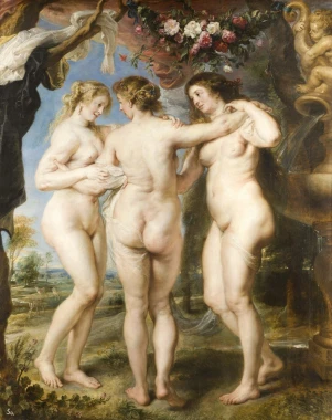 Reprodukcja The Three Graces, Peter Paul Rubens - Wzór graficzny. Trzy nagie postacie kobiece w dynamicznej pozie, otoczone