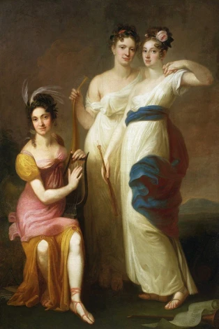 Reprodukcja obrazu Trzy muzy, Józef Peszka - Wzór graficzny. Dwie postacie stojące, jedna siedząca, różne kolory strojów