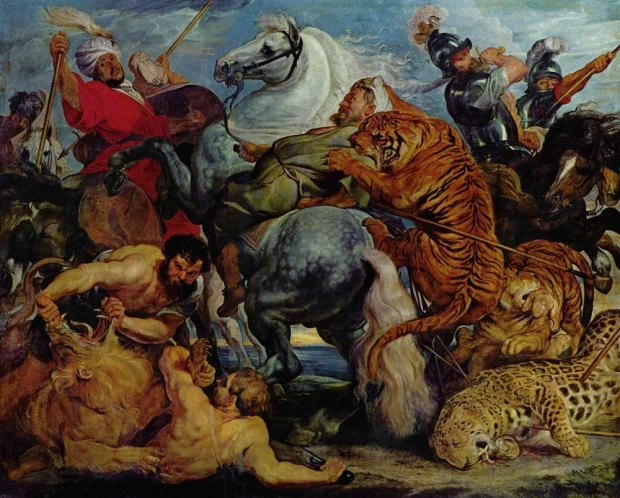 Reprodukcja Tiger- und Lowenjagd, Peter Paul Rubens - Wzór graficzny. Obraz przedstawia walkę ludzi z dzikimi zwierzętami