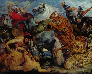 Reprodukcja Tiger- und Lowenjagd, Peter Paul Rubens - Wzór graficzny. Obraz przedstawia walkę ludzi z dzikimi zwierzętami