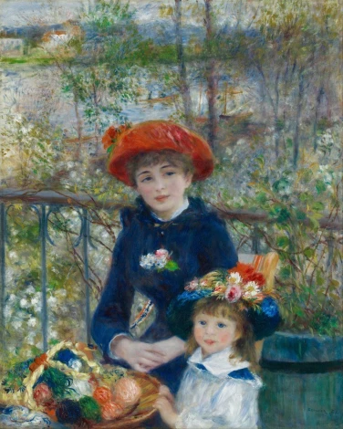 Reprodukcja Two Sisters, On the Terrace, Renoir Auguste - Wzór graficzny. Dwie postacie w kapeluszach, kwiaty, kosz owoców
