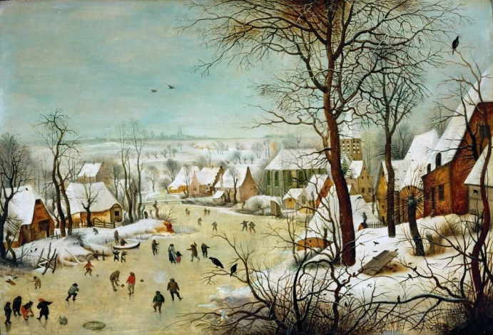 Reprodukcja Winterlandscape with skaters and bird trap, Pieter Bruegel - Wzór graficzny. Scena zimowa z łyżwiarzami