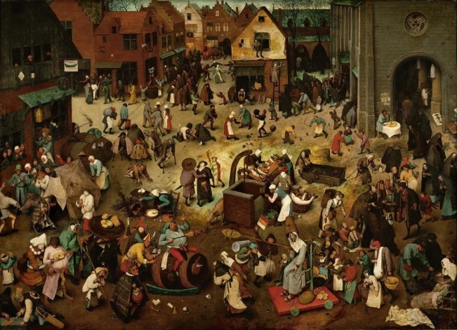 Reprodukcja Wojna Postu z Karnawałem, Pieter Bruegel - Wzór graficzny. Scena przedstawia tłum ludzi w różnorodnych strojach