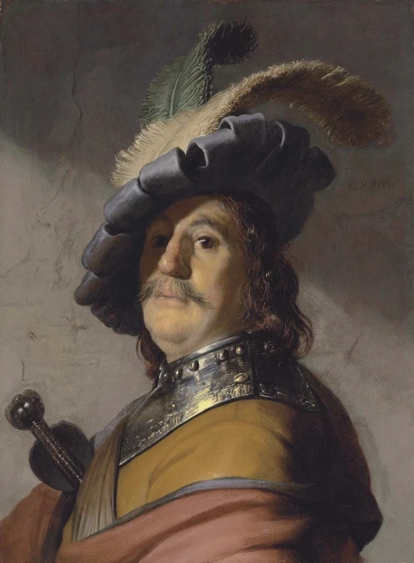 Reprodukcja A man in a gorget and cap, Rembrandt - Wzór graficzny. Mężczyzna w zbroi z kapeluszem, w profilu, z mieczem