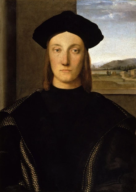 Reprodukcja Guidobaldo da Montefeltro, Rafael Santi - Wzór graficzny. Portret mężczyzny w czarnym stroju z widokiem