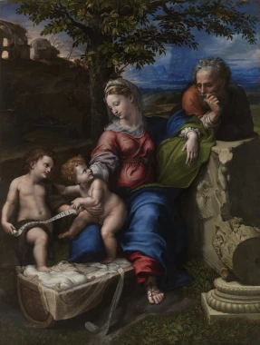 Reprodukcja Holy Family below the Oak, Rafael Santi - Wzór graficzny. Postacie Matki Boskiej, Dzieciątka Jezus i św. Józefa