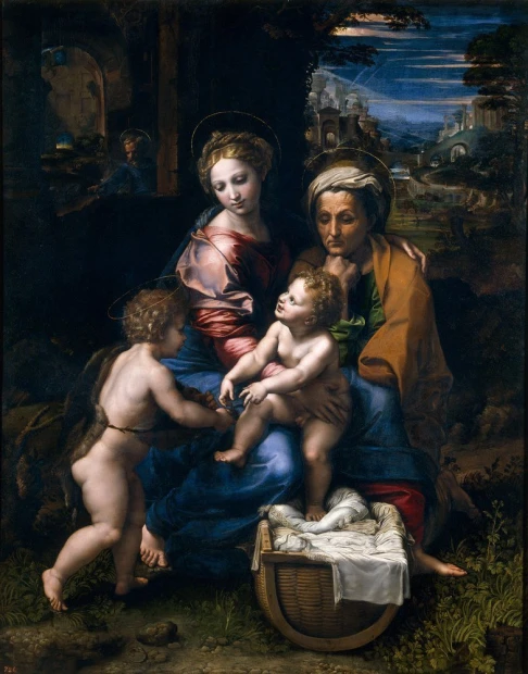 Reprodukcja La Perla, Rafael Santi - Wzór graficzny. Przedstawia Madonnę z Dzieciątkiem i św. Anną w scenerii z drzewami