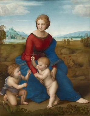 Reprodukcja Madonna in the Meadow, Rafael Santi - Wzór graficzny. Postacie Madonny i dzieci w naturalnym otoczeniu