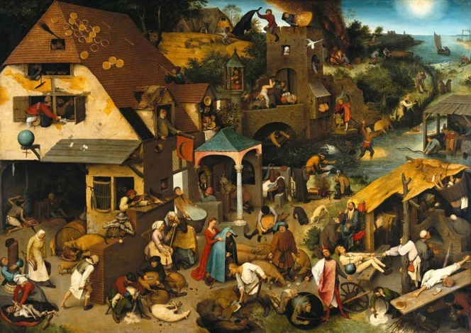 Reprodukcja Netherlandish Proverbs, Pieter Bruegel - Aranżacja w przestrzeni wiejskiej. Widoczne domy, postacie i różnorodne