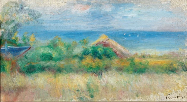 Reprodukcja obrazu Auguste\'a Renoira Paysage avec fond de mer przedstawiająca nadmorski pejzaż z chatą
