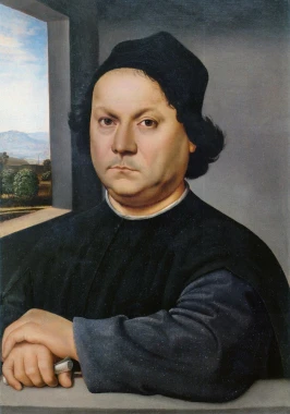 Reprodukcja Portrait of a Man, Rafael Santi - Wzór graficzny. Mężczyzna w czarnym stroju, z ręką na stole, w tle krajobraz