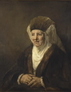 Reprodukcja Portrait of an Old Woman, Rembrandt - Wzór graficzny. Obraz przedstawia starszą kobietę w ciemnym ubraniu