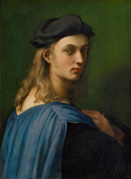 Reprodukcja Portrait of Bindo Altoviti, Rafael Santi - Wzór graficzny. Postać mężczyzny z długimi włosami, w niebieskiej