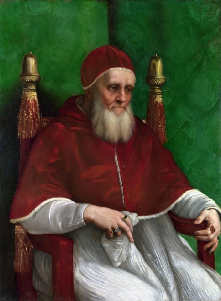 Reprodukcja Portrait of Pope Julius II, Rafael Santi - Wzór graficzny. Postać papieża w czerwonym stroju na tle zielonej