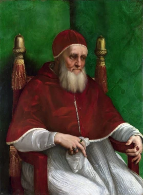 Reprodukcja Portrait of Pope Julius II, Rafael Santi - Wzór graficzny. Postać papieża w czerwonym stroju na tle zielonej