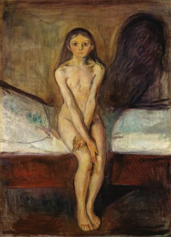Reprodukcja Puberty, Edvard Munch - Wzór graficzny. Postać siedząca na łóżku, z długimi włosami, w stonowanych kolorach
