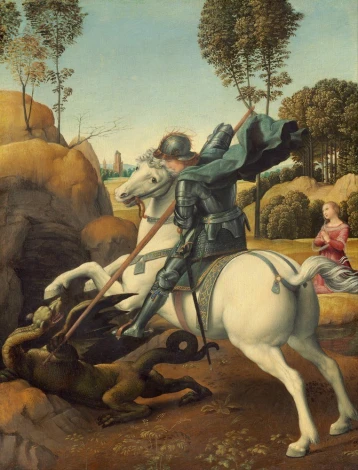 Reprodukcja Saint George and the Dragon, Rafael Santi - Wzór graficzny. Postać rycerza na białym koniu walczy z zielonym