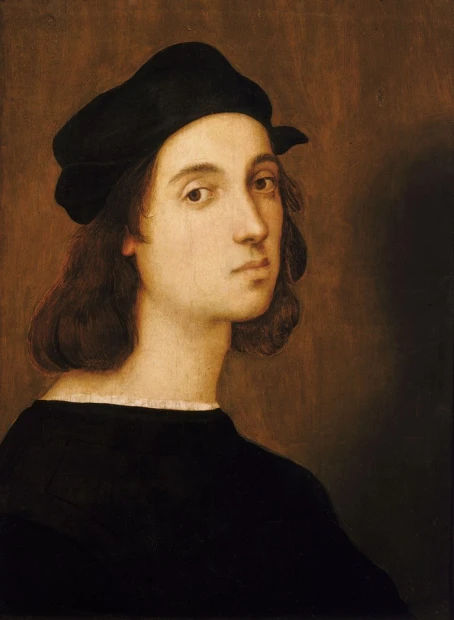 Reprodukcja Self-portrait, Rafael Santi - Wzór graficzny. Mężczyzna z długimi włosami w czarnym kapeluszu na tle
