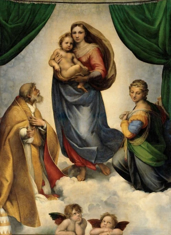 Reprodukcja Sistine Madonna, Rafael Santi - Wzór graficzny. Postacie w chmurach, Madonna z Dzieciątkiem, anioły, zasłony