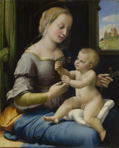 Reprodukcja The Madonna of the Pinks, Rafael Santi - Wzór graficzny. Postacie Matki Boskiej i Dzieciątka Jezus w naturalnych