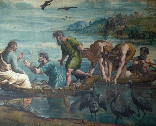Reprodukcja The Miraculous Draft of Fishes, Rafael Santi - Wzór graficzny. Postacie w łodzi, rybacy, woda, ptaki w tle