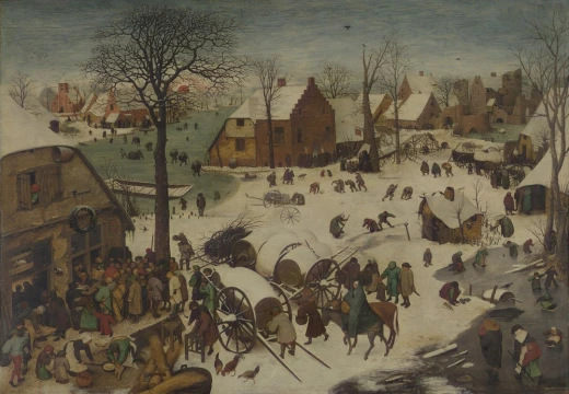 Reprodukcja obrazu Pietera Bruegla pod tytułem The Numbering at Bethlehem przedstawiająca zimowy pejzaż wsi