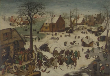 Reprodukcja The Numbering at Bethlehem, Pieter Bruegel - Wzór graficzny. Scena zimowa z postaciami, wozami i domami w tle