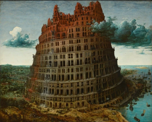 Reprodukcja The Tower of Babel 1563-1565, Pieter Bruegel - Wzór graficzny. Wysoka wieża z wieloma poziomymi sekcjami