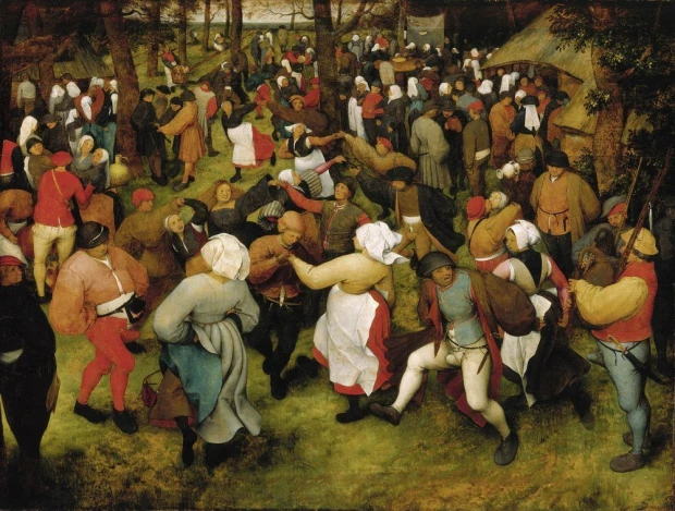 Reprodukcja The Wedding Dance, Pieter Bruegel - Wzór graficzny. Scena tańca w plenerze z postaciami w ruchu