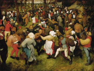 Reprodukcja The Wedding Dance, Pieter Bruegel - Wzór graficzny. Scena tańca w plenerze z postaciami w ruchu