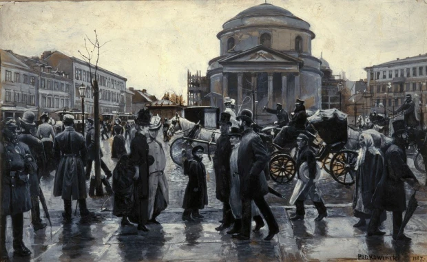 Reprodukcja Plac Trzech Krzyży w Warszawie, Podkowiński Władysław - Wzór graficzny. Scena przedstawia ruchliwy plac
