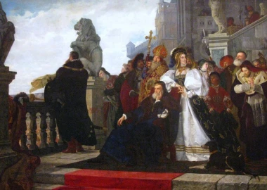 Reprodukcja Wojna kokosza, Henryk Rodakowski - Wzór graficzny. Obraz przedstawia scenę z postaciami w historycznych