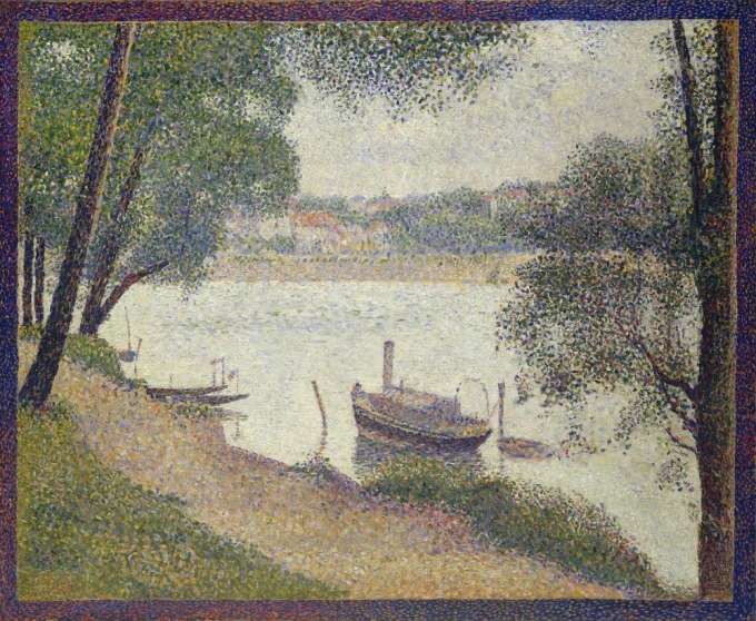 Reprodukcja Gray weather, Grande Jatte, Georges Seurat - Wzór graficzny. Obraz przedstawia wodę, łodzie i drzewa w różnych