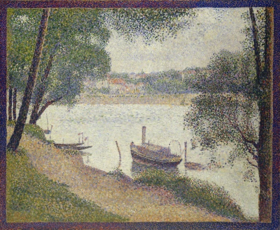Reprodukcja Gray weather, Grande Jatte, Georges Seurat - Wzór graficzny. Obraz przedstawia wodę, łodzie i drzewa w różnych