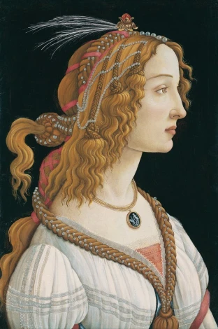 Reprodukcja Idealized Portrait of a Lady, Sandro Botticelli - Wzór graficzny. Postać kobieca w profilu, z falującymi włosami